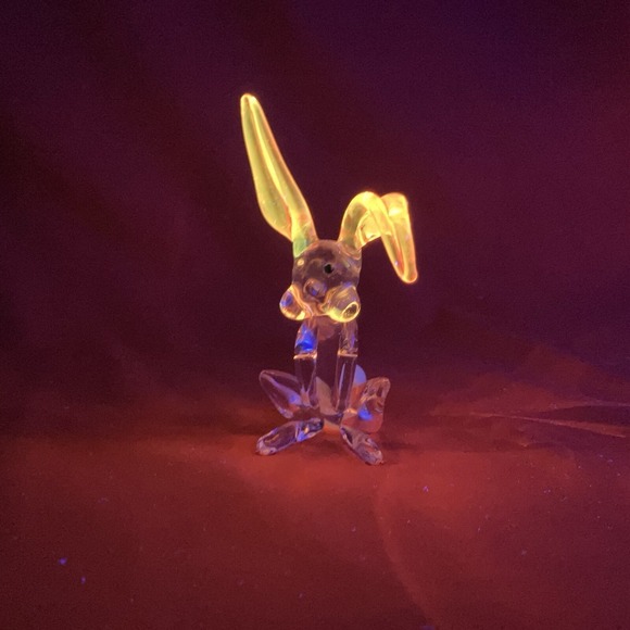 Glass Rabbit Hand Blown / Clear / Bunny / Pink Ears / UV‎ Glow / 3.5
